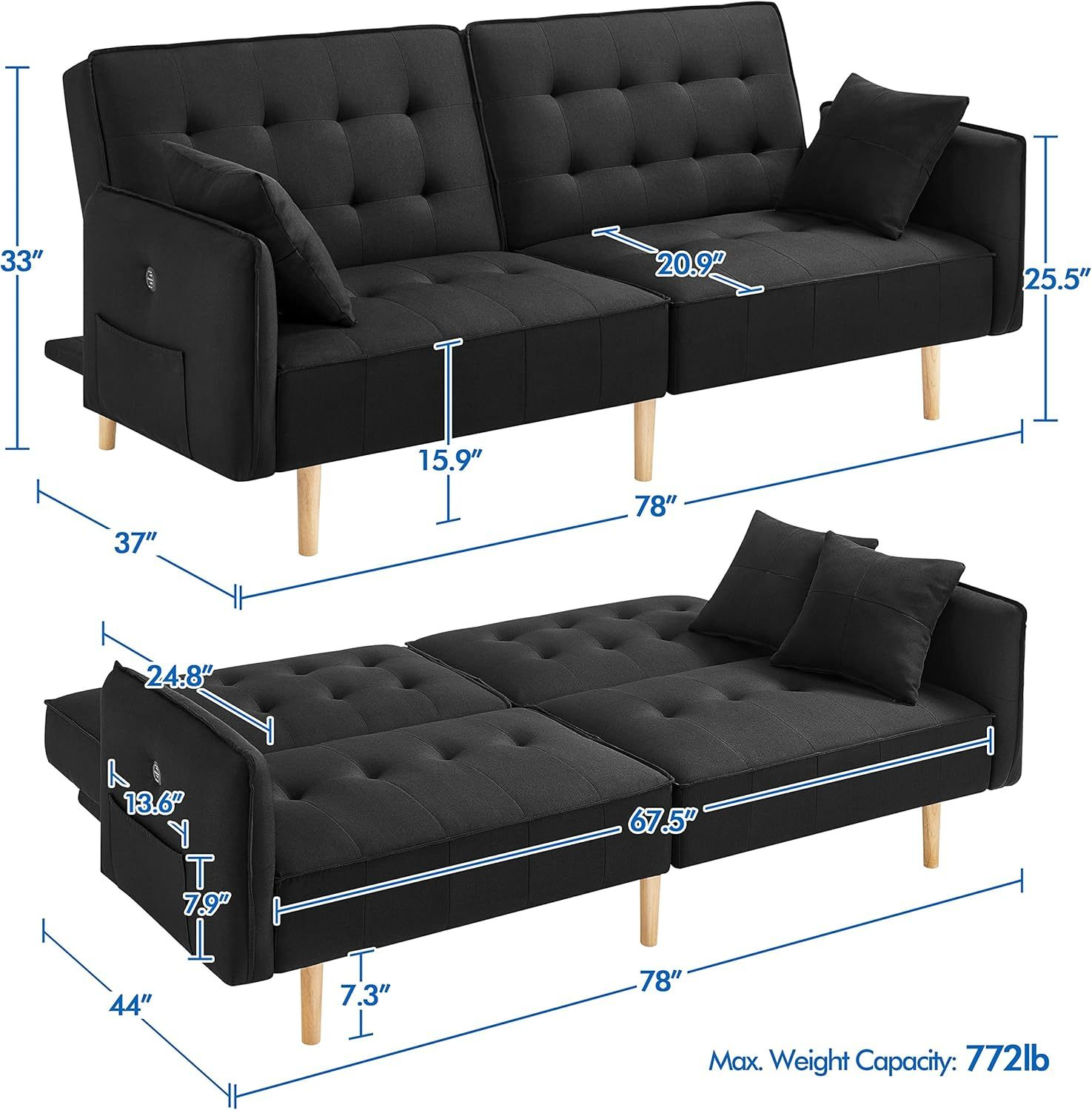 Sofá cama convertible moderno futón sofás, cama plegable y abajo, tela de lino reclinable para sala de estar, color gris
