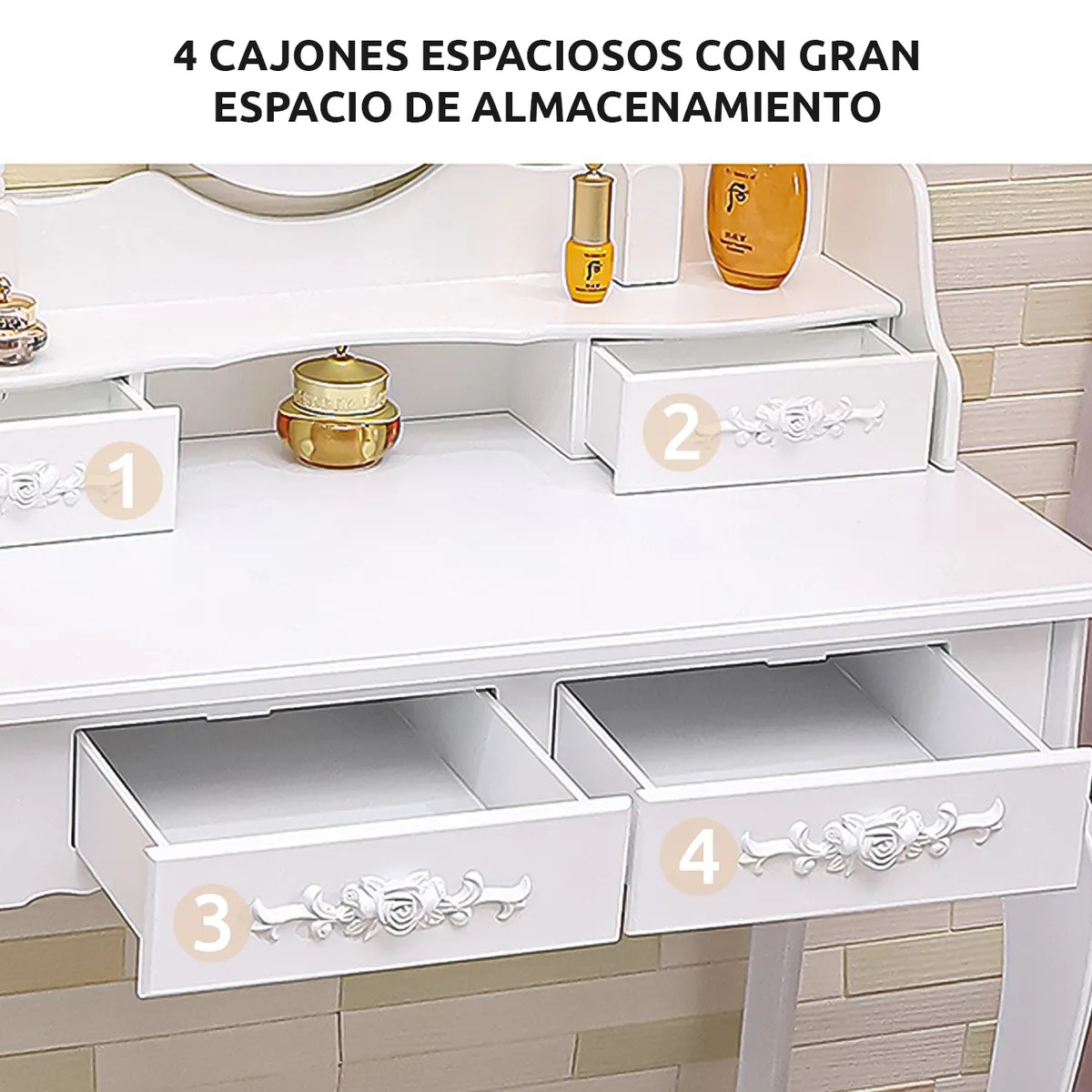 Tocador con espejo iluminado y taburete acolchado blanco