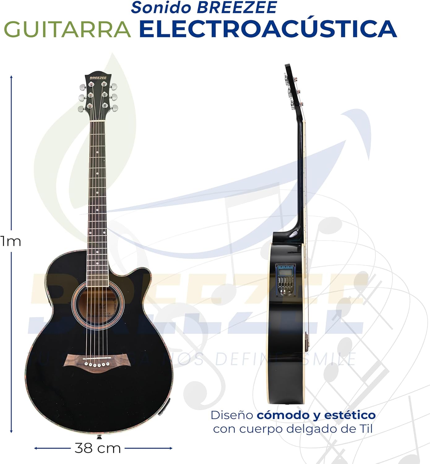Guitarra Electroacústica de 40” Diseñada sobre Abeto, Merbau, Okume y Palisandro. Acabado de Barniz en Pulverización, Incluye Set de Accesorios Completo para Principiante