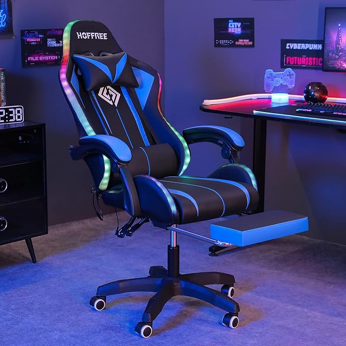 Silla para Juegos con Altavoces Bluetooth y Luces LED RGB, Silla ergonómica de Videojuegos de Masaje con reposapiés de Respaldo Alto con Soporte Lumbar Azul y Negro