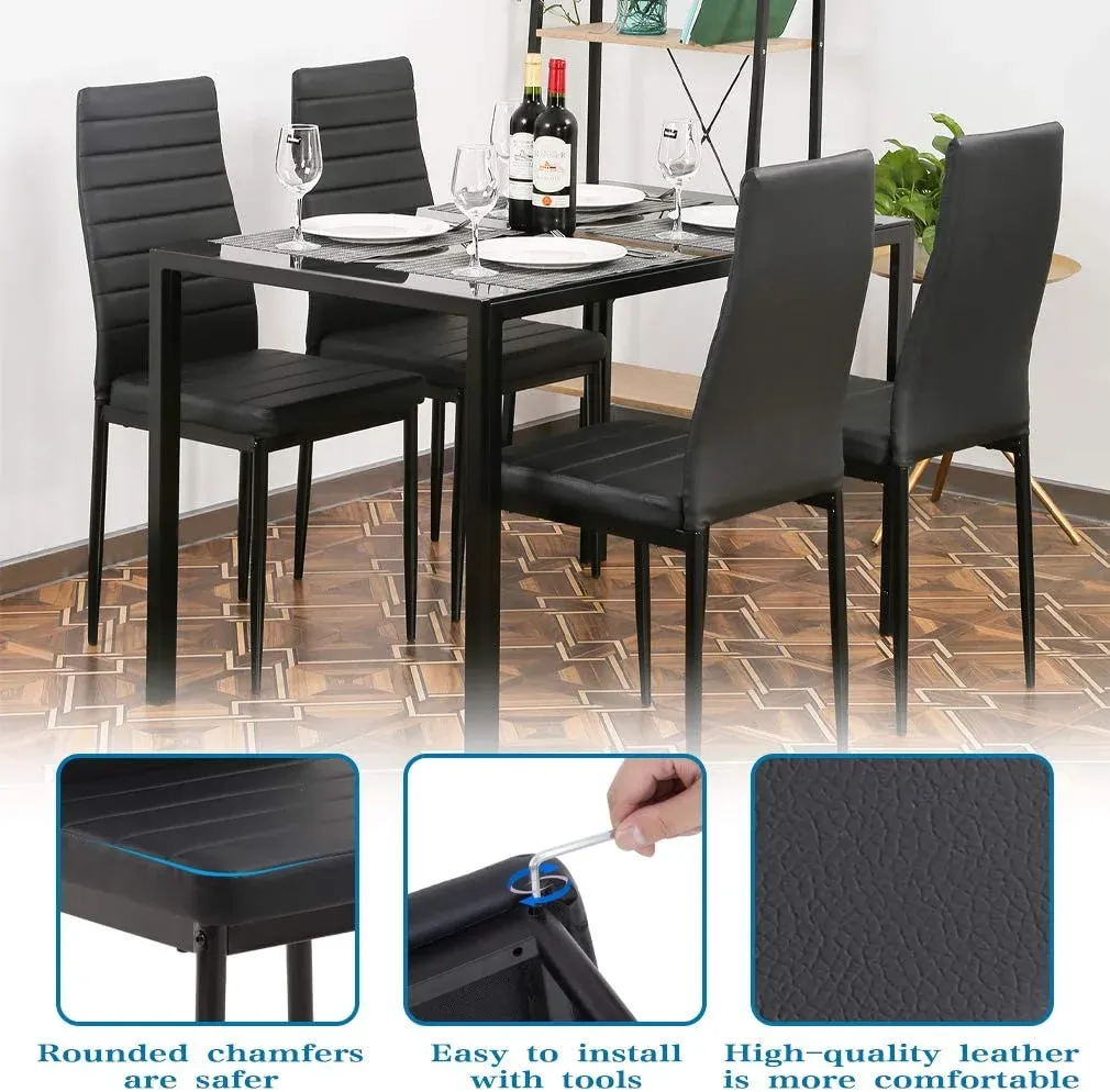 Juego de Mesa de Comedor de Vidrio para Espacios pequeños, Mesa de Cocina y sillas para 4 mesas con sillas, Muebles de hogar, rectangulares, Modernos (Vidrio Negro)