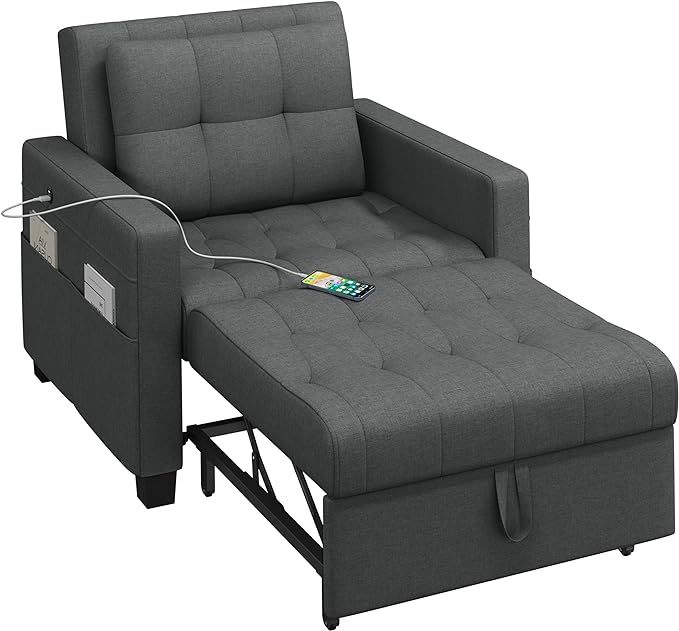 Sofá cama convertible de futón 3 en 1, sofá con respaldo ajustable, 2 puertos USB para sala de estar, recámara, espacio pequeño, gris oscuro