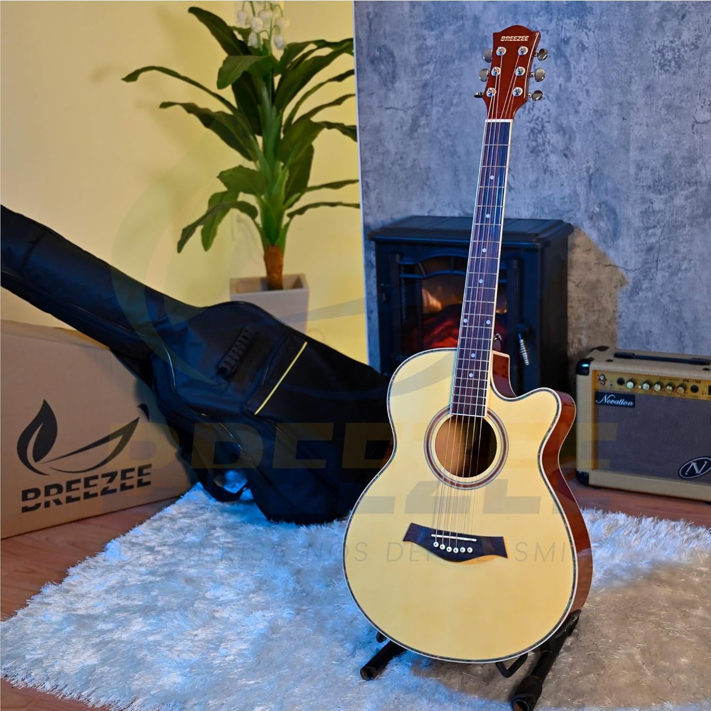 Guitarra Electroacústica de 40” Diseñada sobre Abeto, Merbau, Okume y Palisandro. Acabado de Barniz en Pulverización, Incluye Set de Accesorios Completo para Principiante