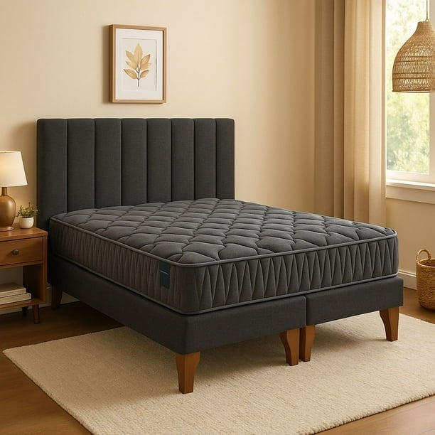 Cama Europea Somnia 2 Plazas + Respaldo Tubular Madera Lino