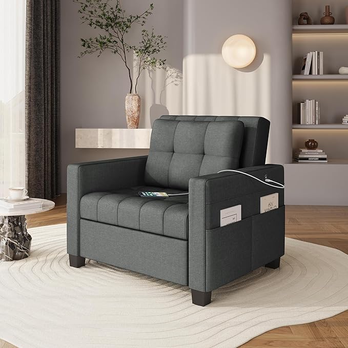Sofá cama convertible de futón 3 en 1, sofá con respaldo ajustable, 2 puertos USB para sala de estar, recámara, espacio pequeño, gris oscuro