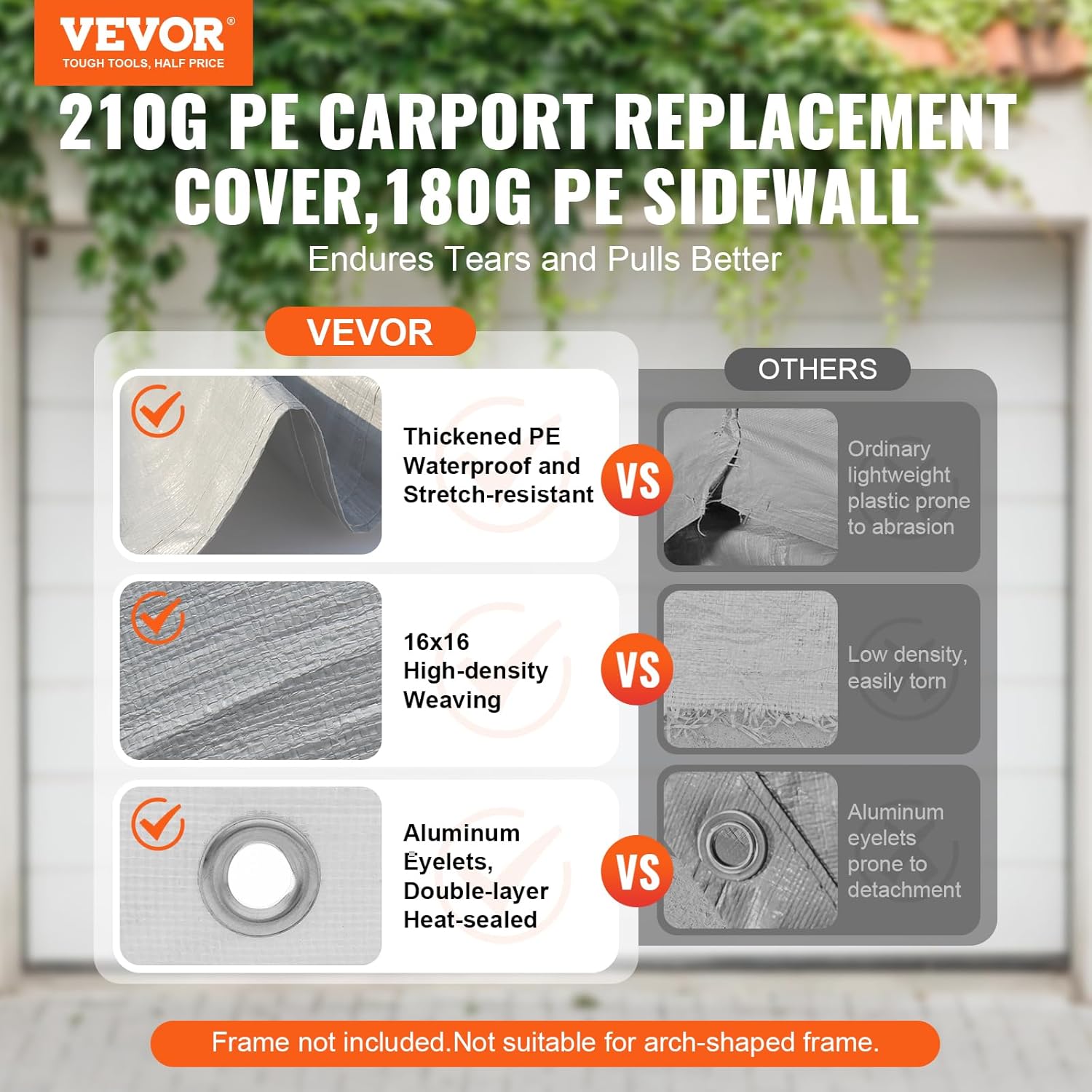 VEVOR - Cubierta de toldo de Repuesto para cochera + Pared Lateral de 10 x 20 pies, Lona de Refugio para Tienda de campaña, Resistente al Agua y protección UV, fácil instalación con Pelotas de Bolas,