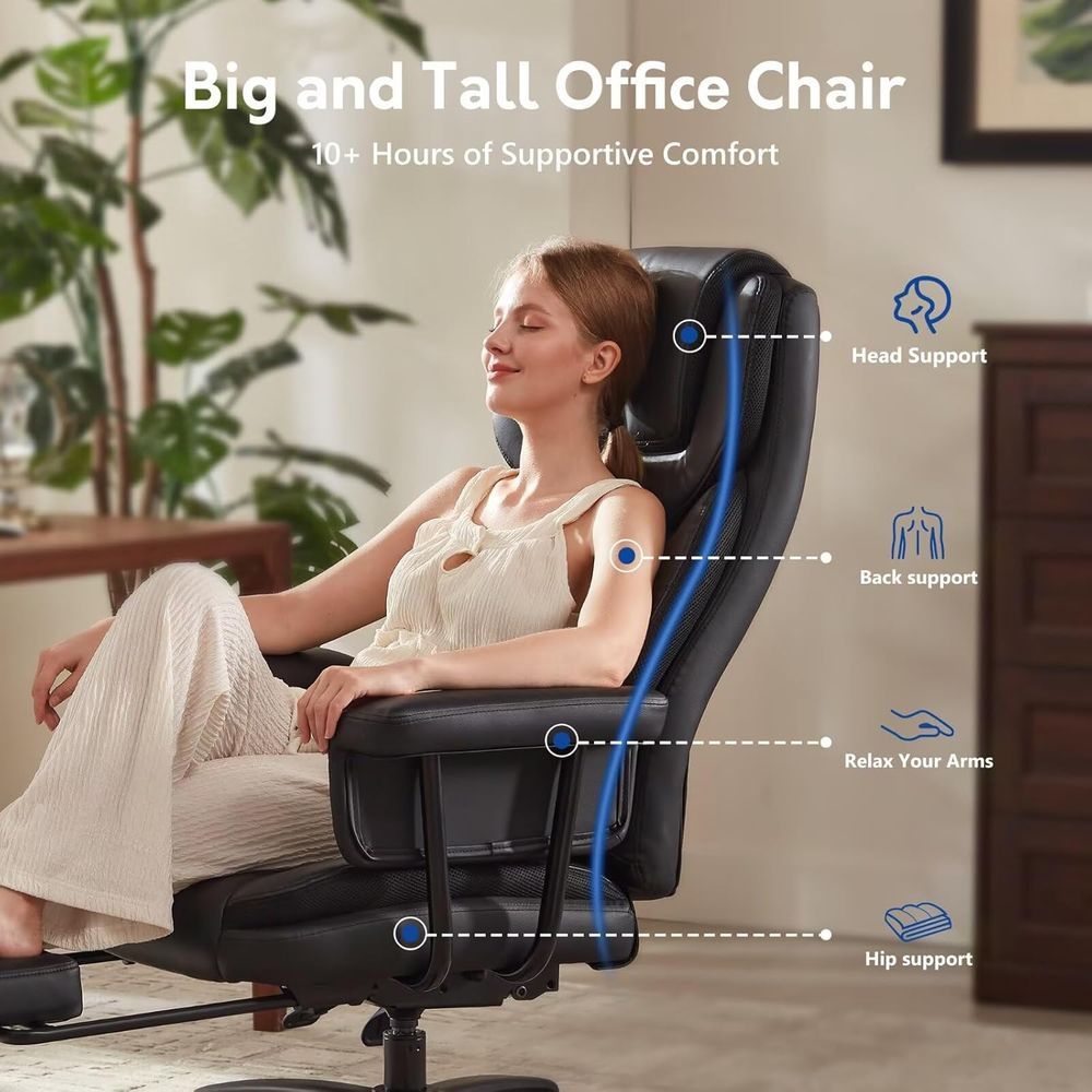 Silla de oficina ejecutiva grande y alta, 400 libras, reclinable a 165°, con reposapiés, silla de escritorio de cuero
