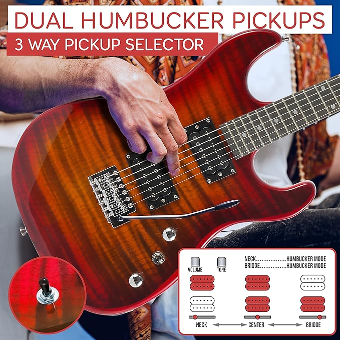 Guitarra Eléctrica con Amplificador, Madera Maciza, Incluye Accesorios Ideal para Principiantes, Tamaño Completo, Humbucker, 3 Vías, Rojo Madera