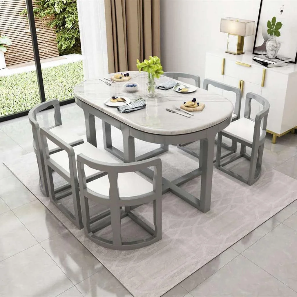 Mesa de comedor de madera maciza de mármol para 6 personas