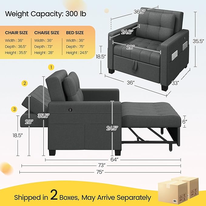 Sofá cama convertible de futón 3 en 1, sofá con respaldo ajustable, 2 puertos USB para sala de estar, recámara, espacio pequeño, gris oscuro