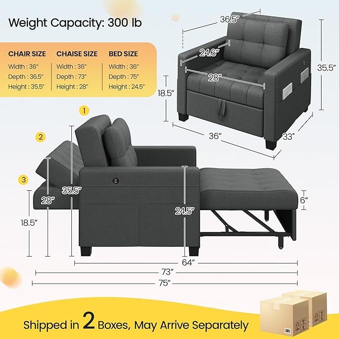 Sofá cama convertible de futón 3 en 1, sofá con respaldo ajustable, 2 puertos USB para sala de estar, recámara, espacio pequeño, gris oscuro