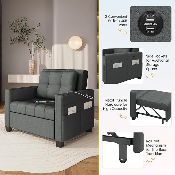 Sofá cama convertible de futón 3 en 1, sofá con respaldo ajustable, 2 puertos USB para sala de estar, recámara, espacio pequeño, gris oscuro