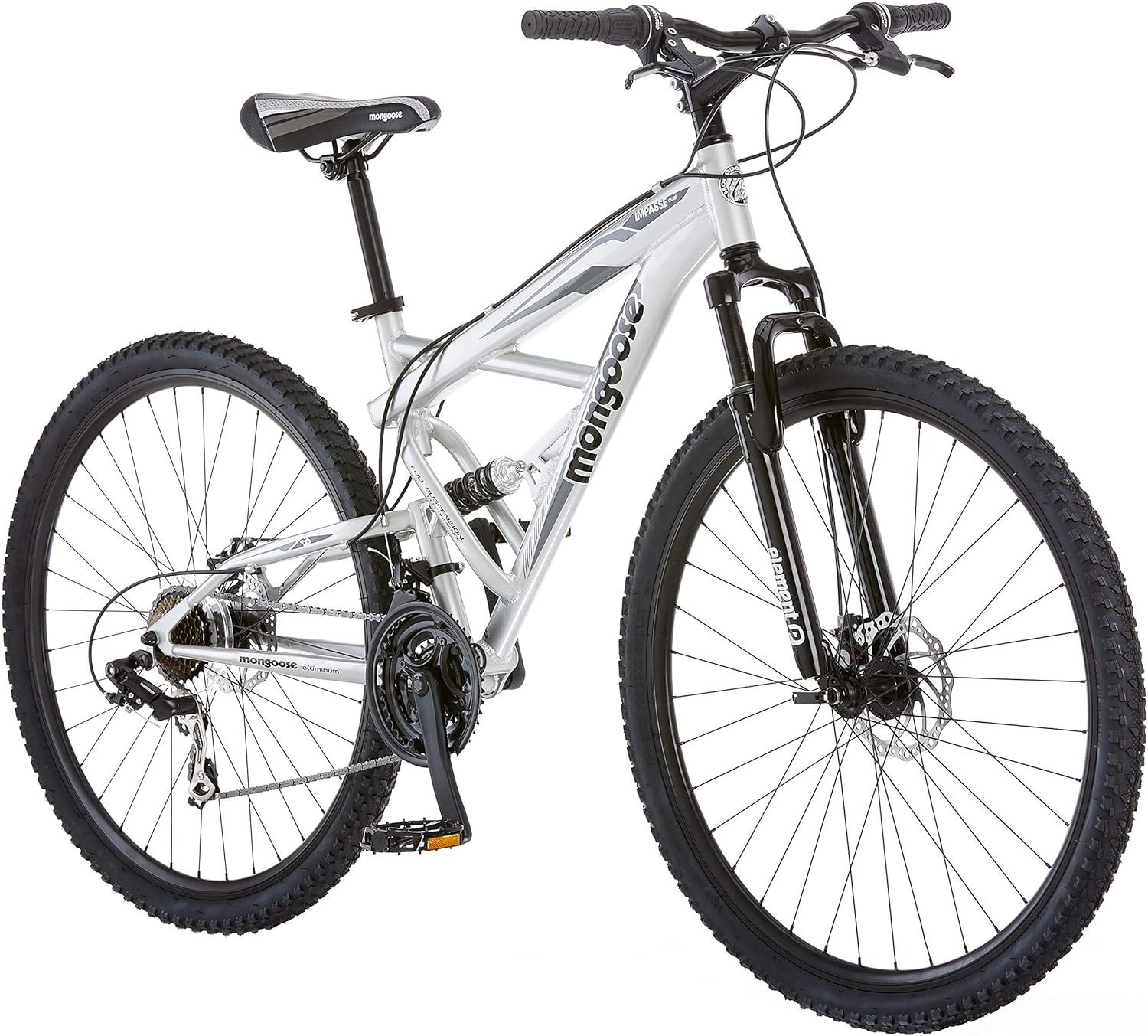 Mongoose Impasse - Bicicleta de montaña de suspensión completa, hombres y mujeres, marco de aluminio, palanca de cambios, desviador trasero de 21 velocidades, frenos de disco delantero y trasero