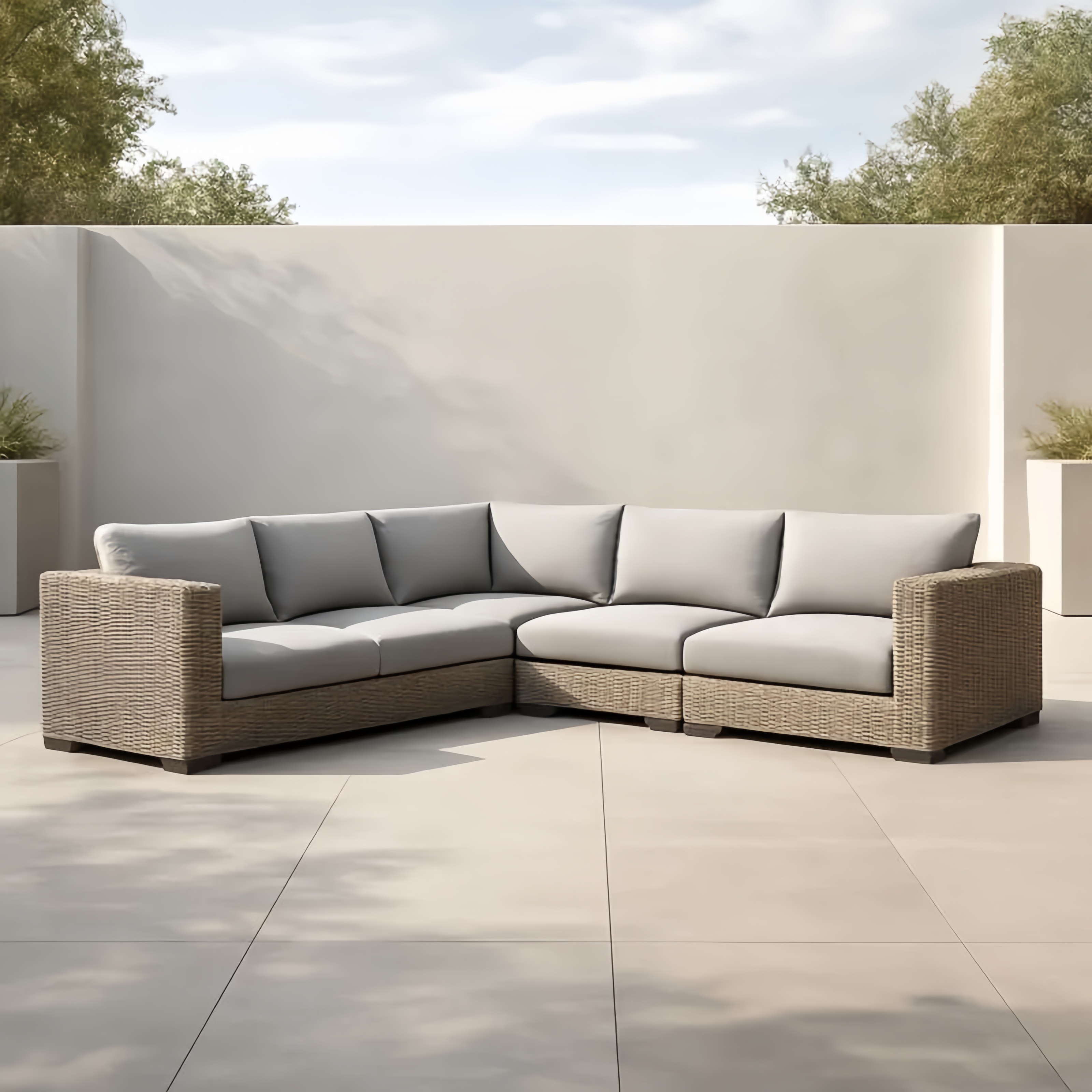 Canapé d'angle extérieur modulable en résine tressée et tissu gris