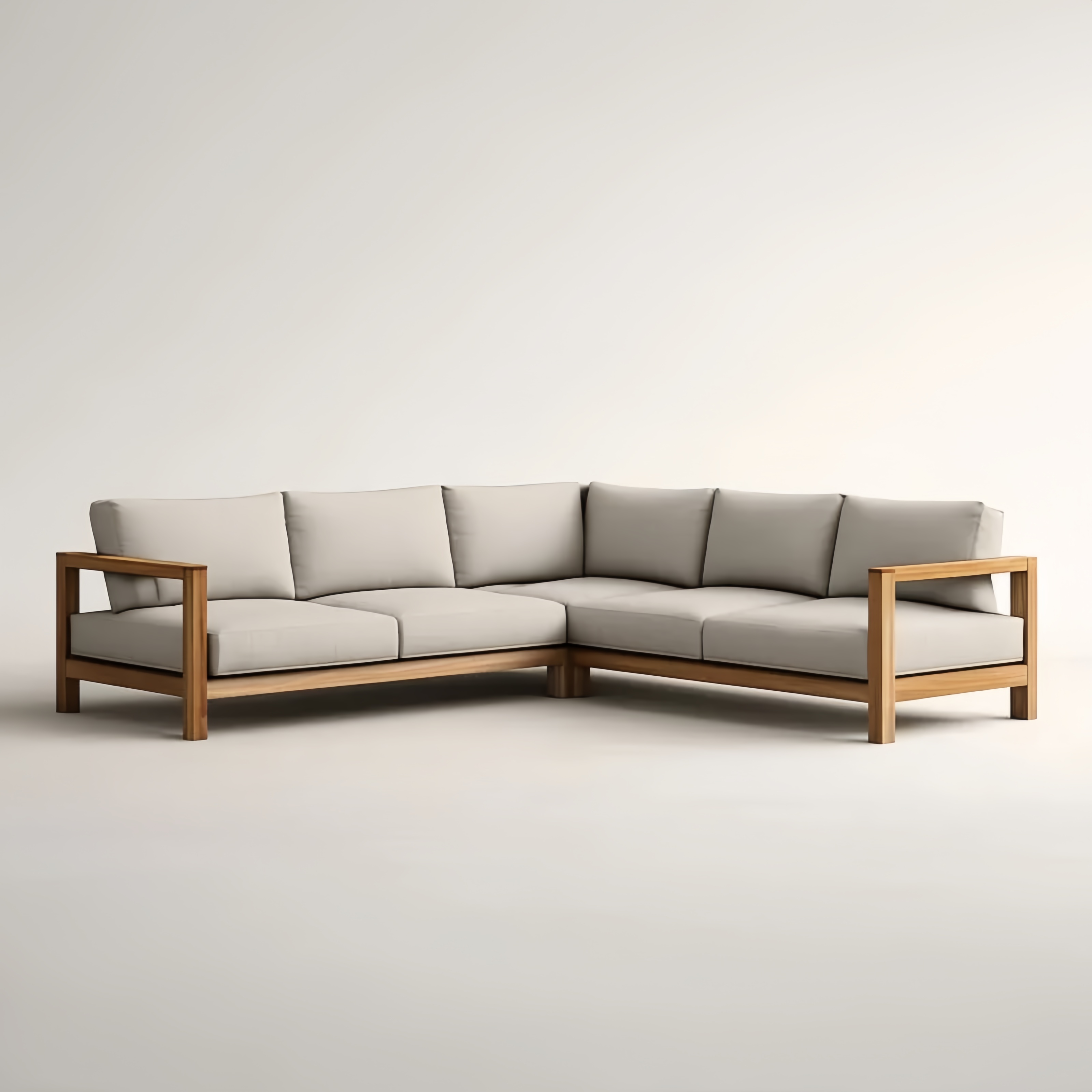 Canapé d'angle en bois avec coussins en tissu beige