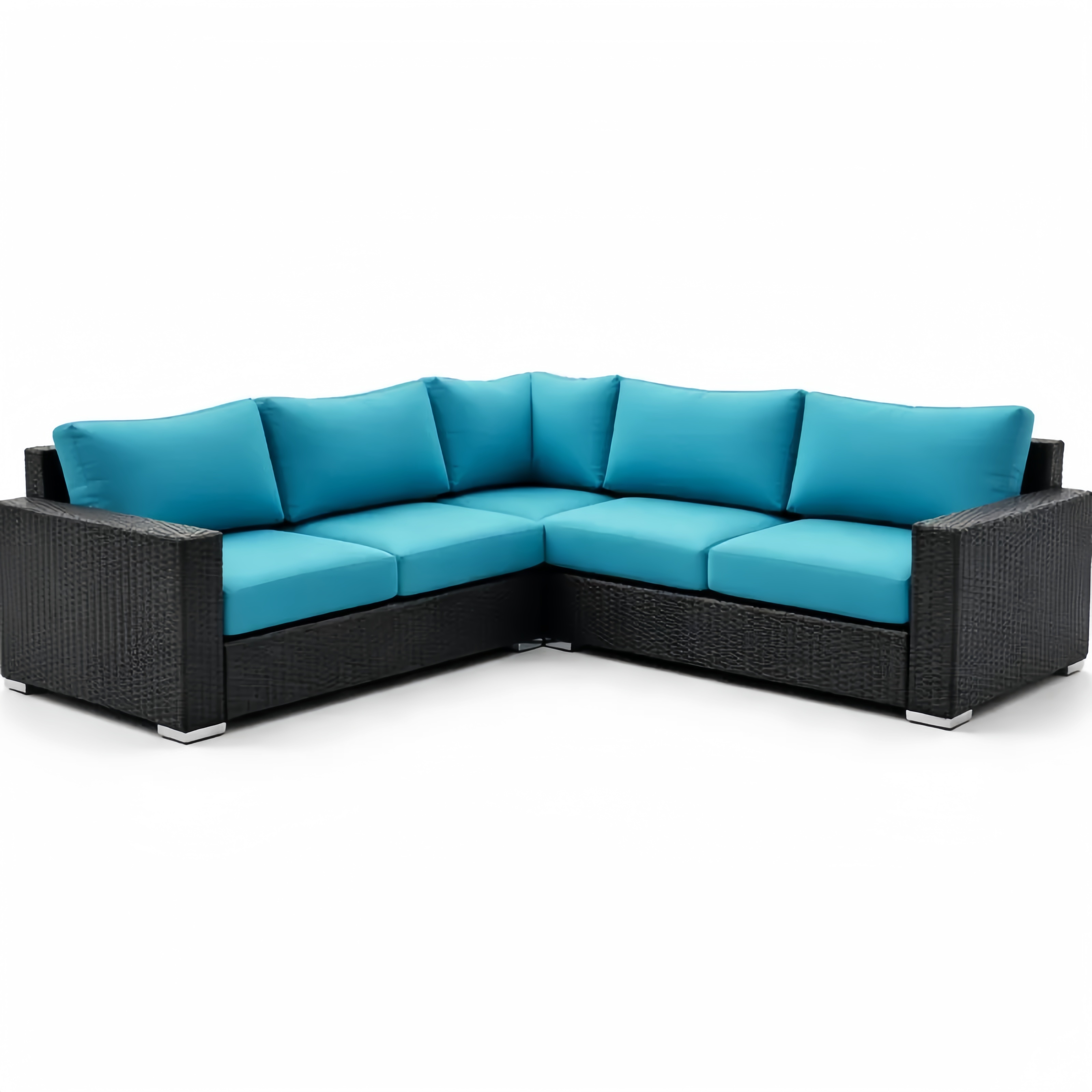 Canapé d'angle en résine tressée noir avec coussins bleus