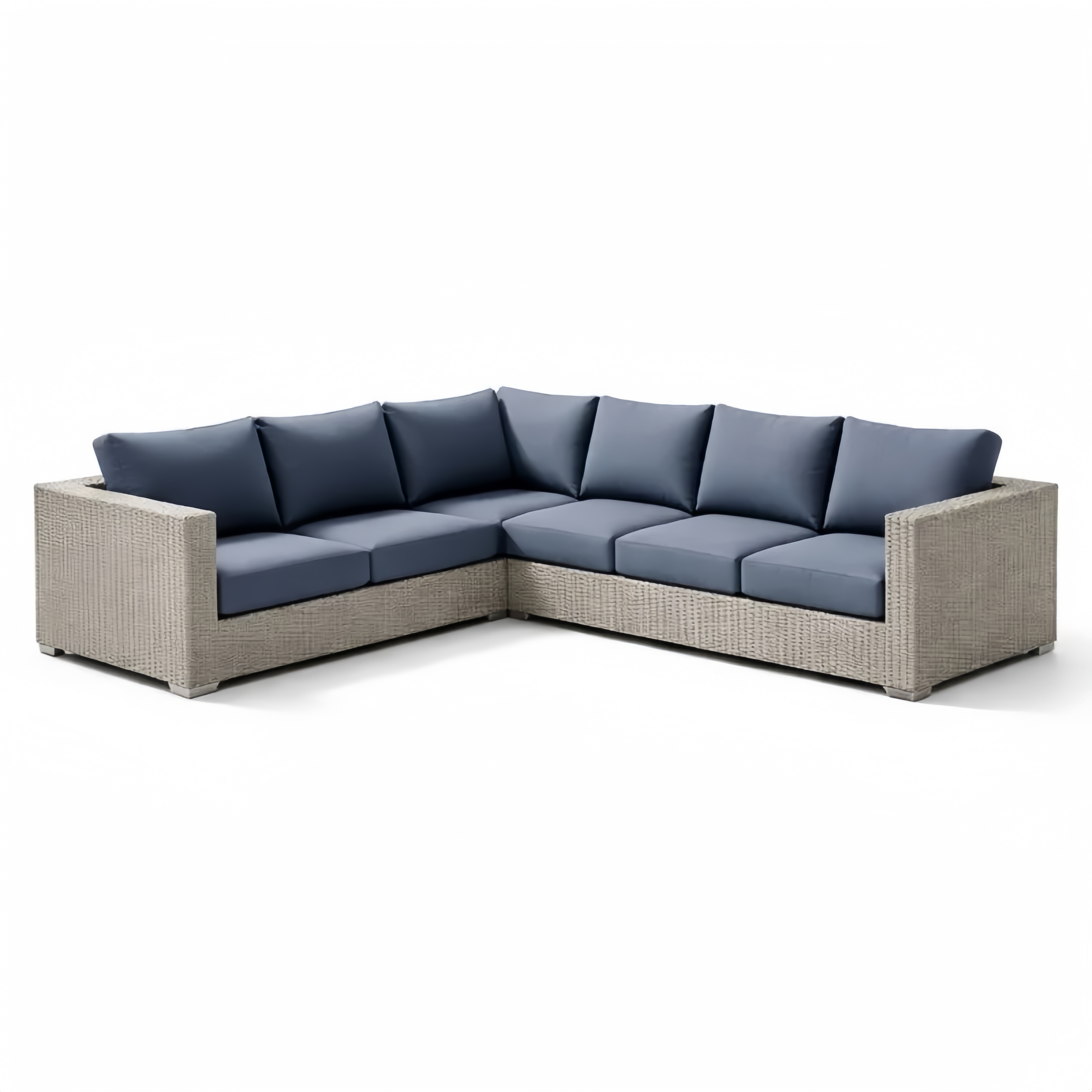 Canapé d'angle extérieur en résine tressée gris coussins bleu