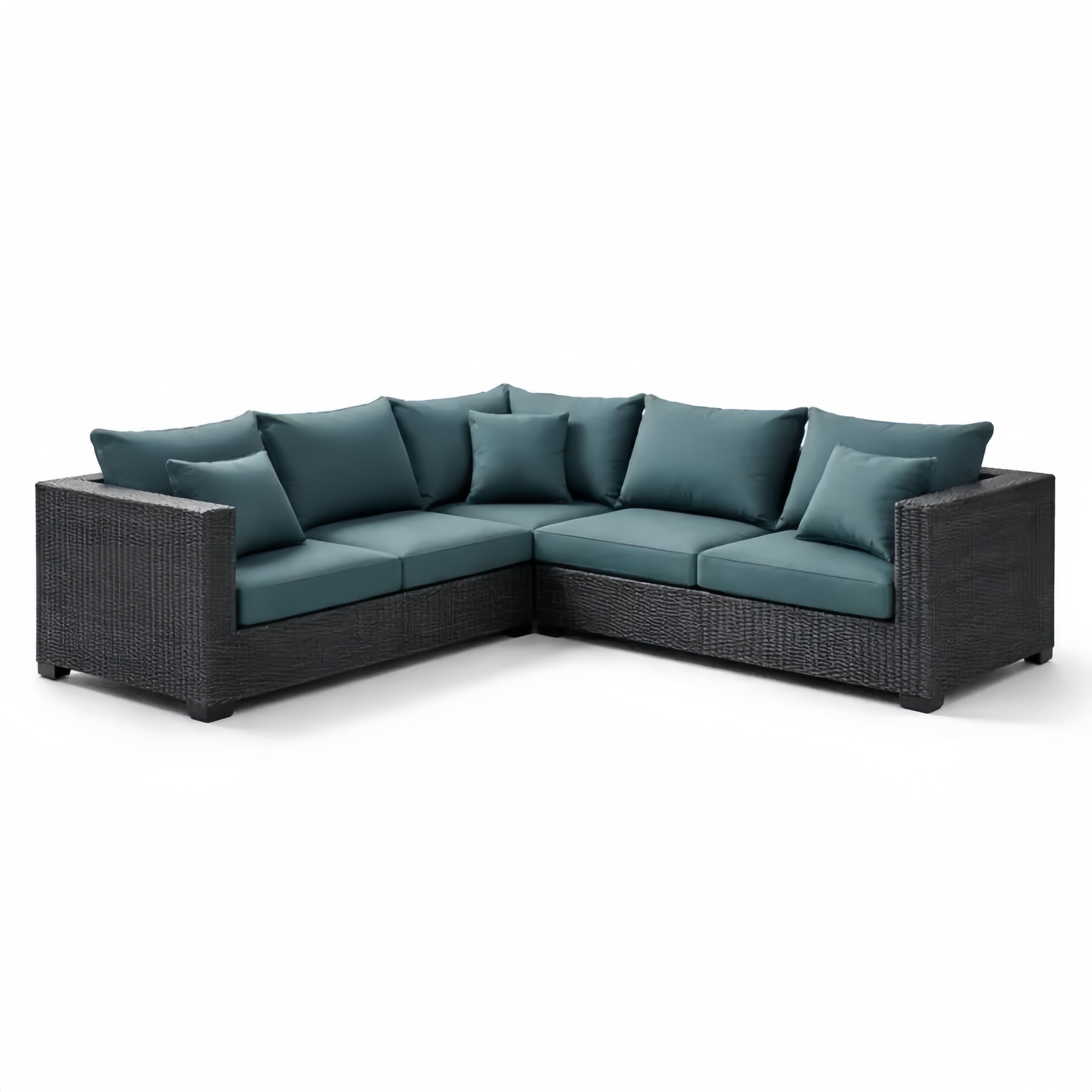 Canapé d'angle en résine tressée gris avec coussins bleus