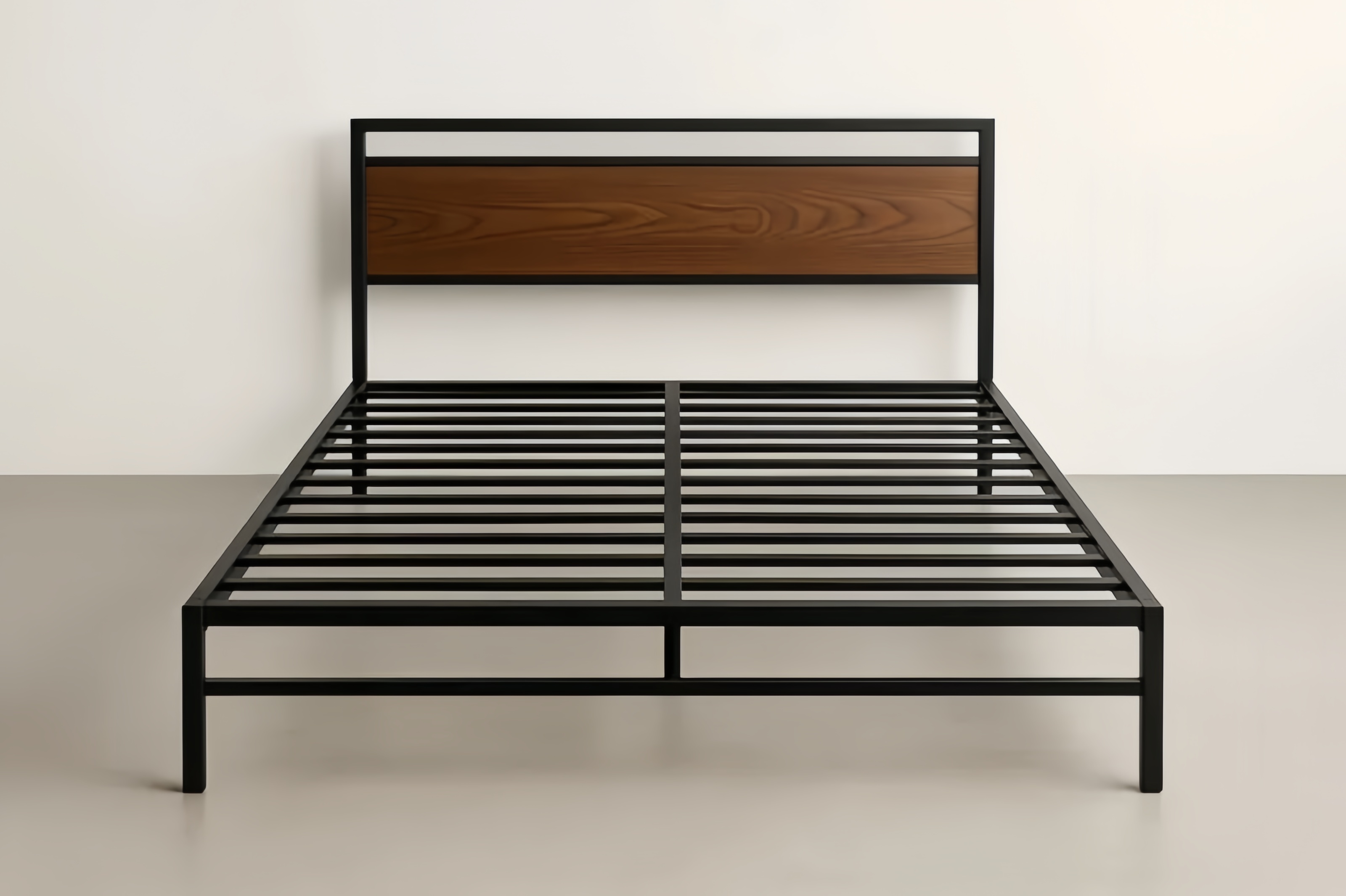 Structure de lit en Acier noir avec tête de lit en bois foncé