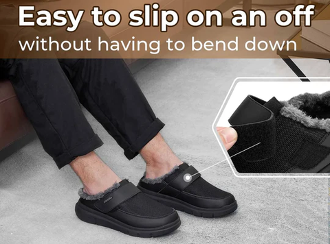Wide toe box fur-lined winter outdoor slippers.