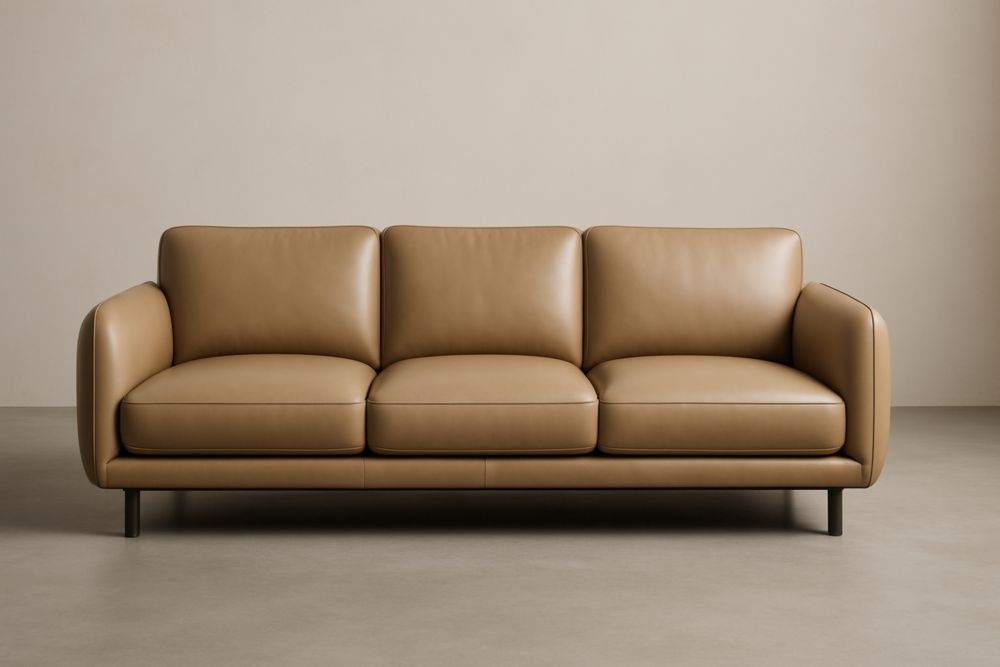 Canapé long 3 places en cuir brun avec pieds en acier