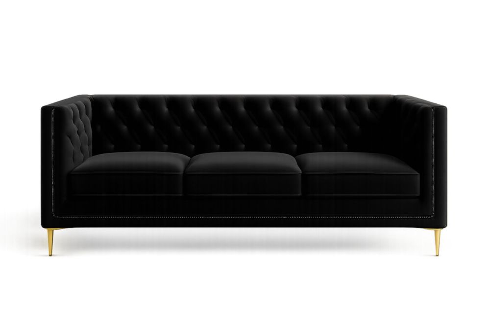 Canapé long trois places en velours noir avec pieds en acier doré