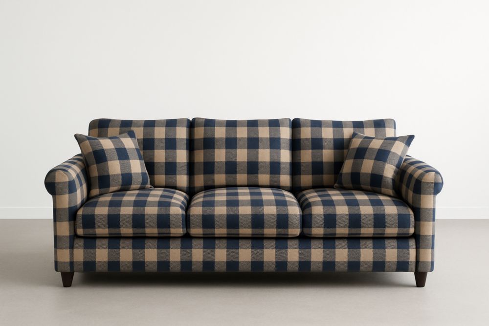 Canapé long trois places en tissu polyester à carreaux bleu et beige