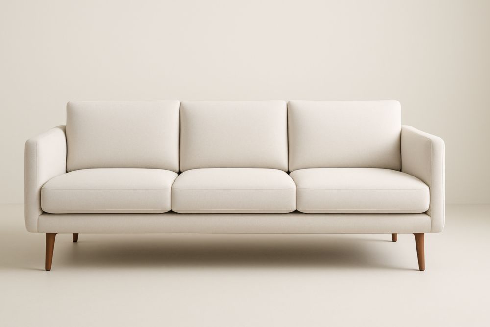 Canapé long trois places en tissu polyester beige avec pieds en bois de hêtre