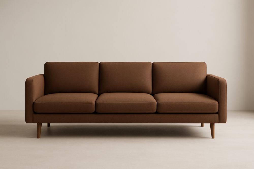 Canapé long 3 places en tissu polyester brun avec pieds en bois massif