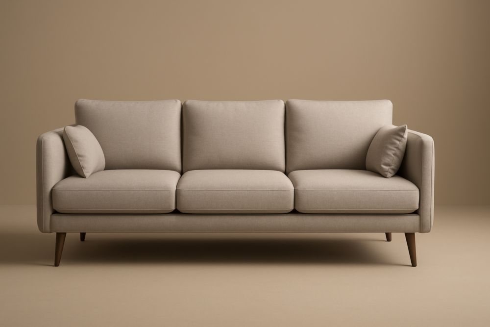 Canapé long 3 places en tissu polyester beige avec pieds en bois massif