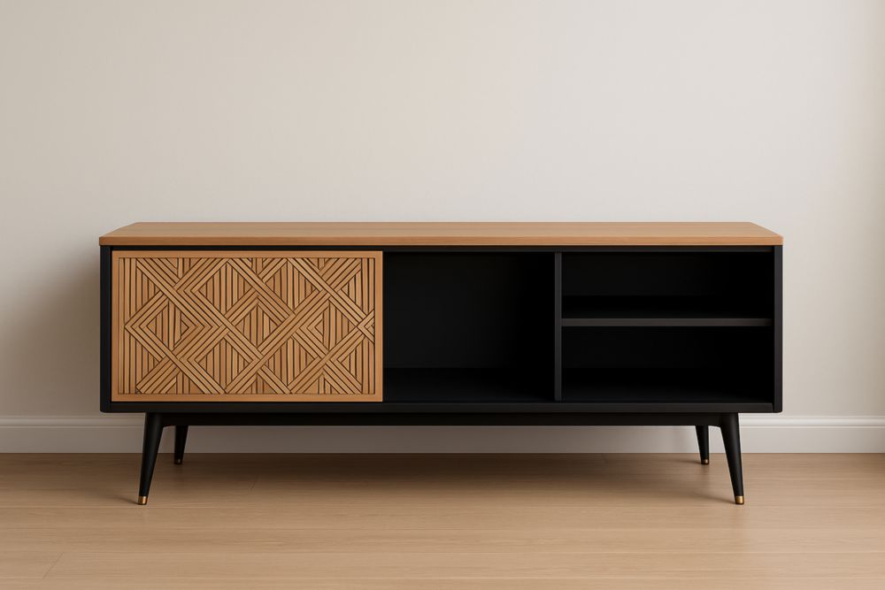 Meuble TV en bois et métal avec porte coulissante 120x40x50 cm