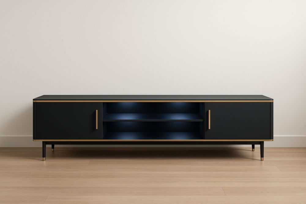 Meuble TV noir en bois avec étagères intégrées et pieds en métal 150x40x50 cm