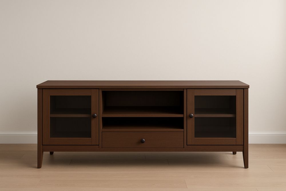 Meuble TV Bois Marron avec Portes en Verre Trempé et Tiroir