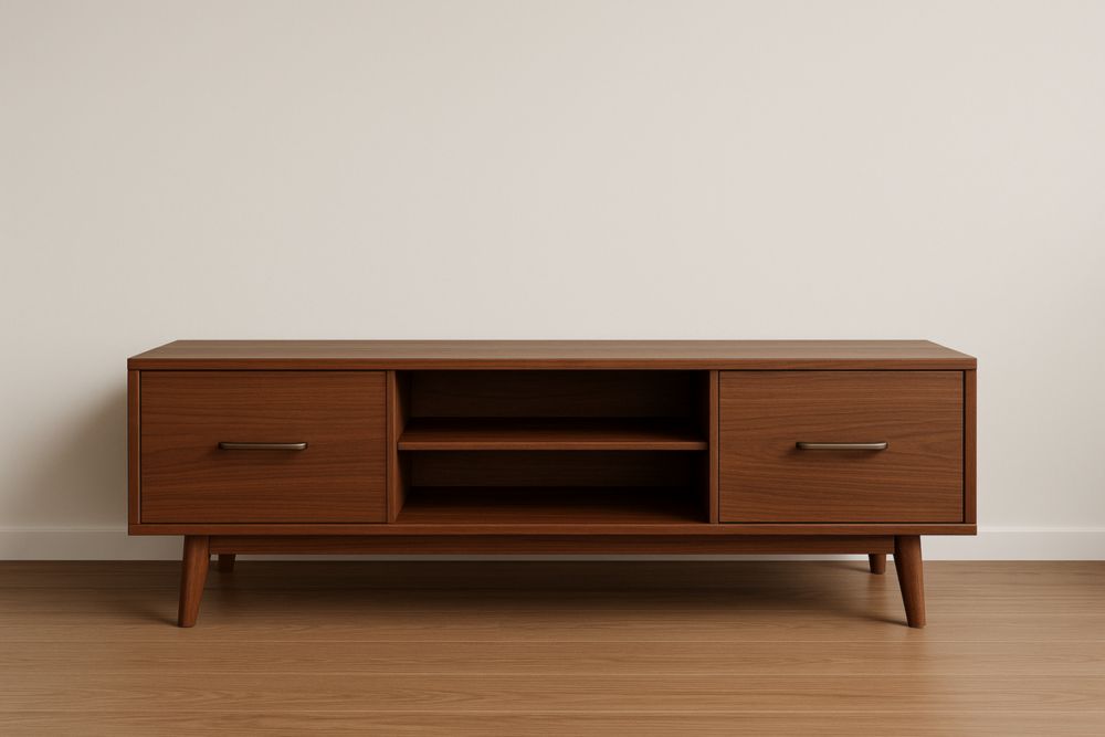 Meuble TV en bois avec étagères et tiroirs