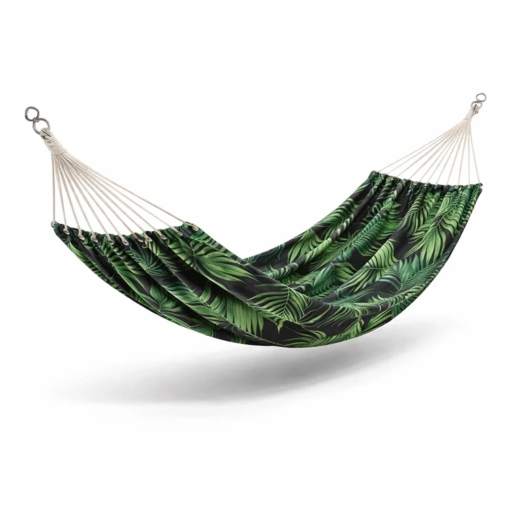 Amaca da giardino in tessuto con motivo foglie tropicali-LUXEOASISVIBES