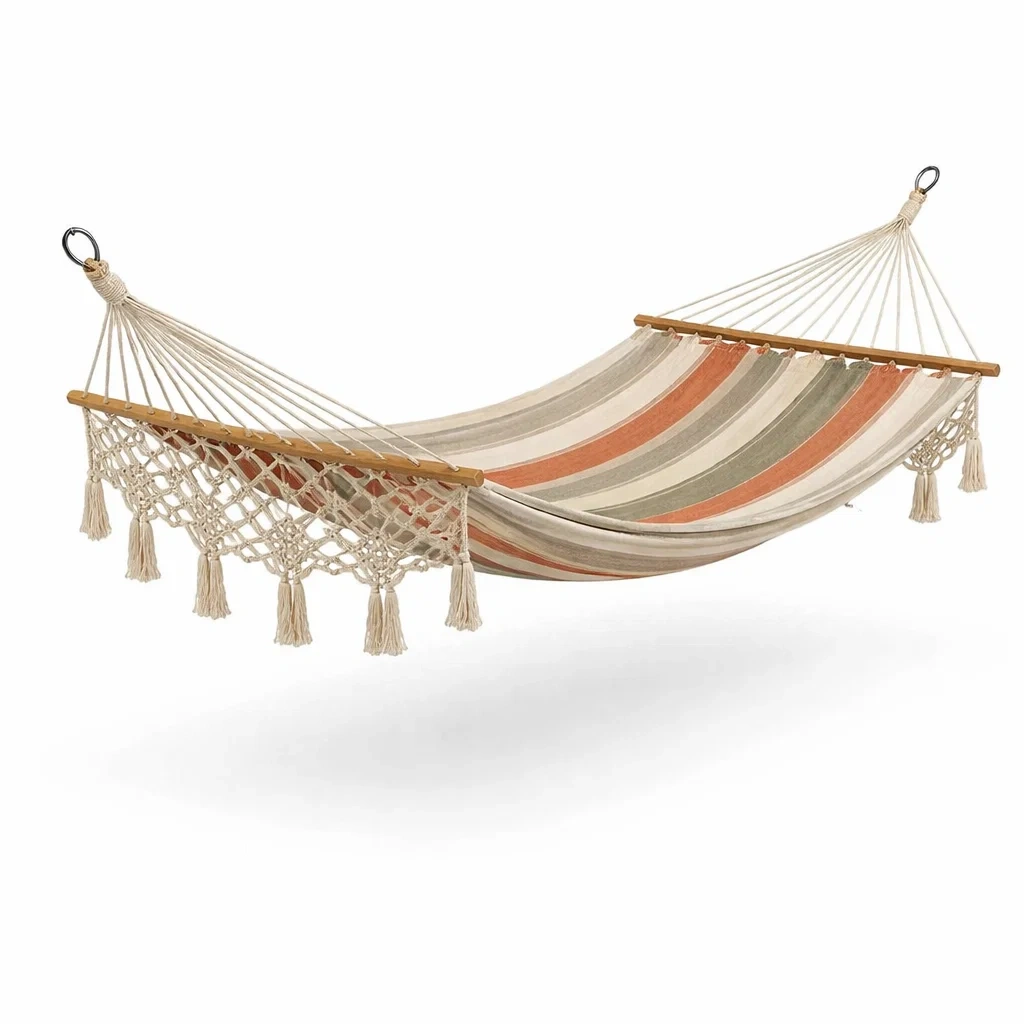 Amaca da esterno in cotone e poliestere a strisce multicolore con barre in legno-LUXEOASISVIBES