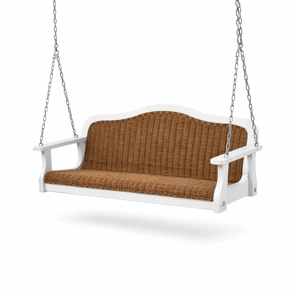 Altalena da veranda in rattan sintetico e legno bianco-LUXEOASISVIBES