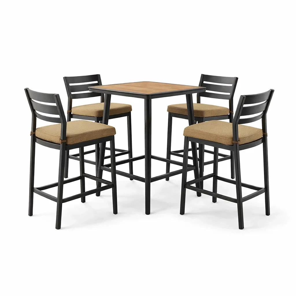 Set bar tavolo quadrato in legno e metallo con sgabelli imbottiti-LUXEOASISVIBES