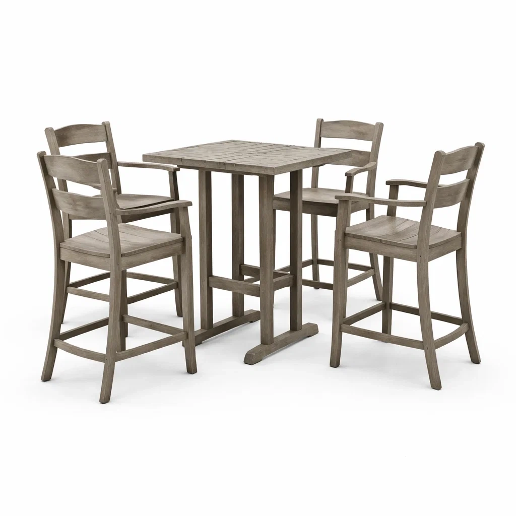 Set bar tavolo e sedie alte in legno grigio per esterno-LUXEOASISVIBES