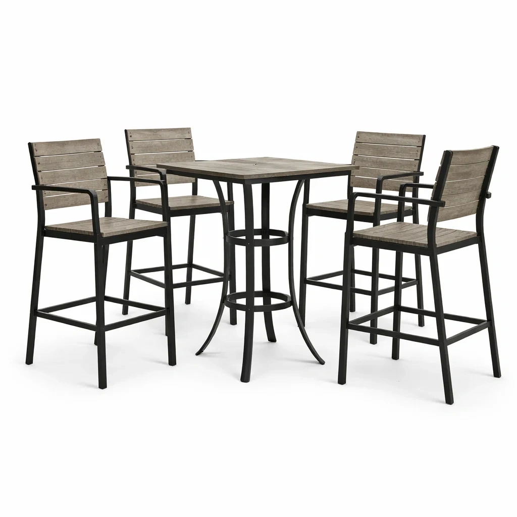 Set bar tavolo e sedie in legno e metallo-LUXEOASISVIBES