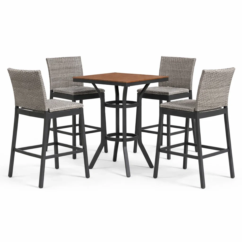 Set bar in metallo con tavolo in legno e sedie in rattan sintetico-LUXEOASISVIBES
