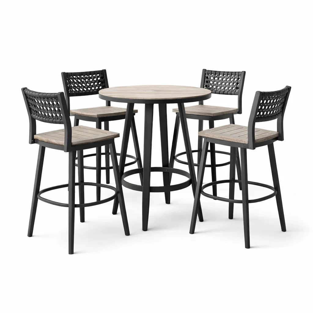 Set bar tavolo alto da esterno con sedie in acacia e metallo-LUXEOASISVIBES