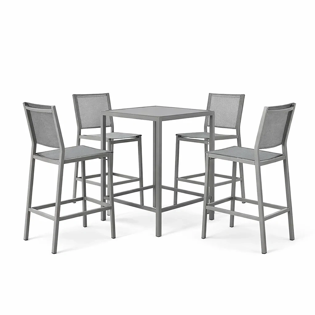 Set bar tavolo quadrato e sedie in alluminio con seduta in textilene grigio-LUXEOASISVIBES
