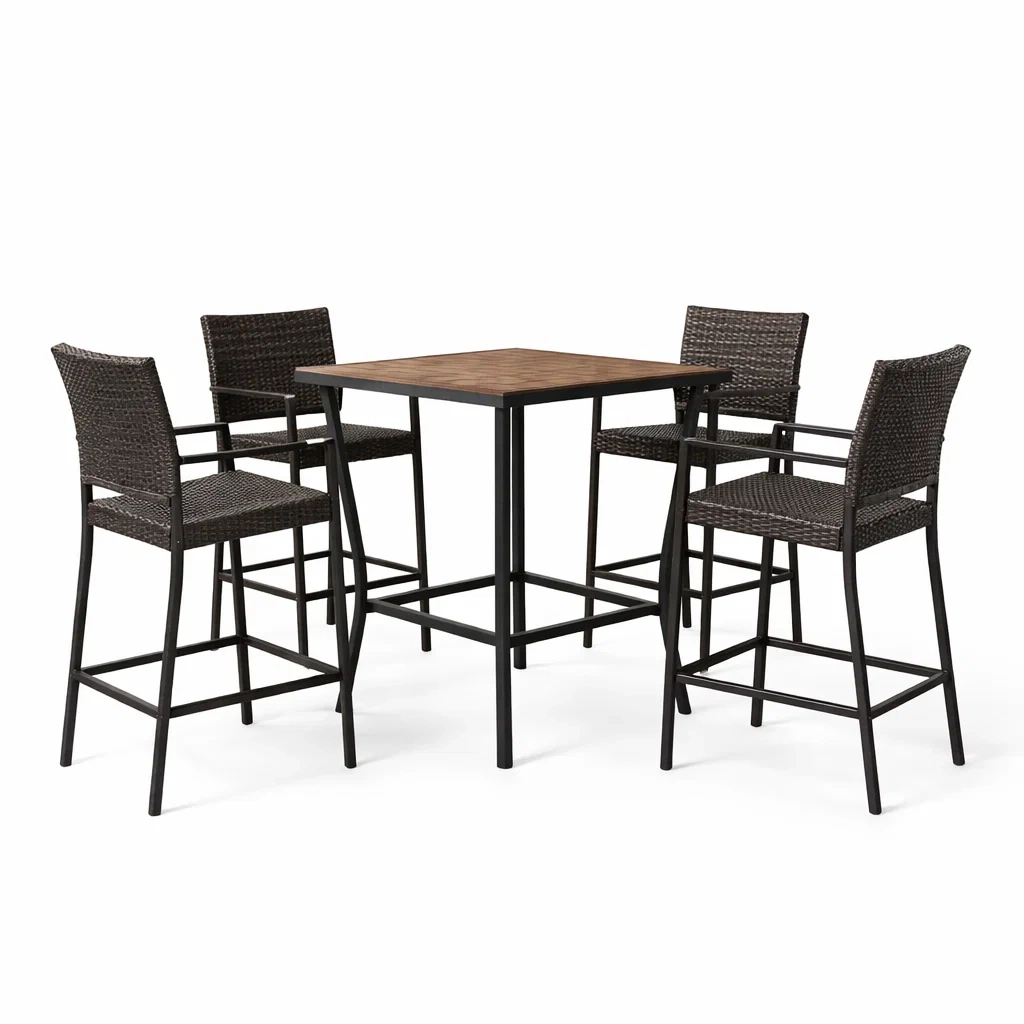 Set bar esterno in metallo e rattan marrone con tavolo e sedie-LUXEOASISVIBES