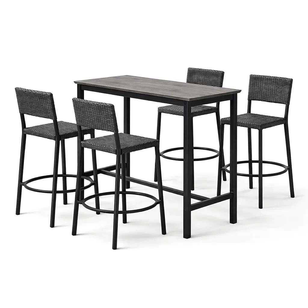 Set bar tavolo con sgabelli in metallo e vimini nero-LUXEOASISVIBES