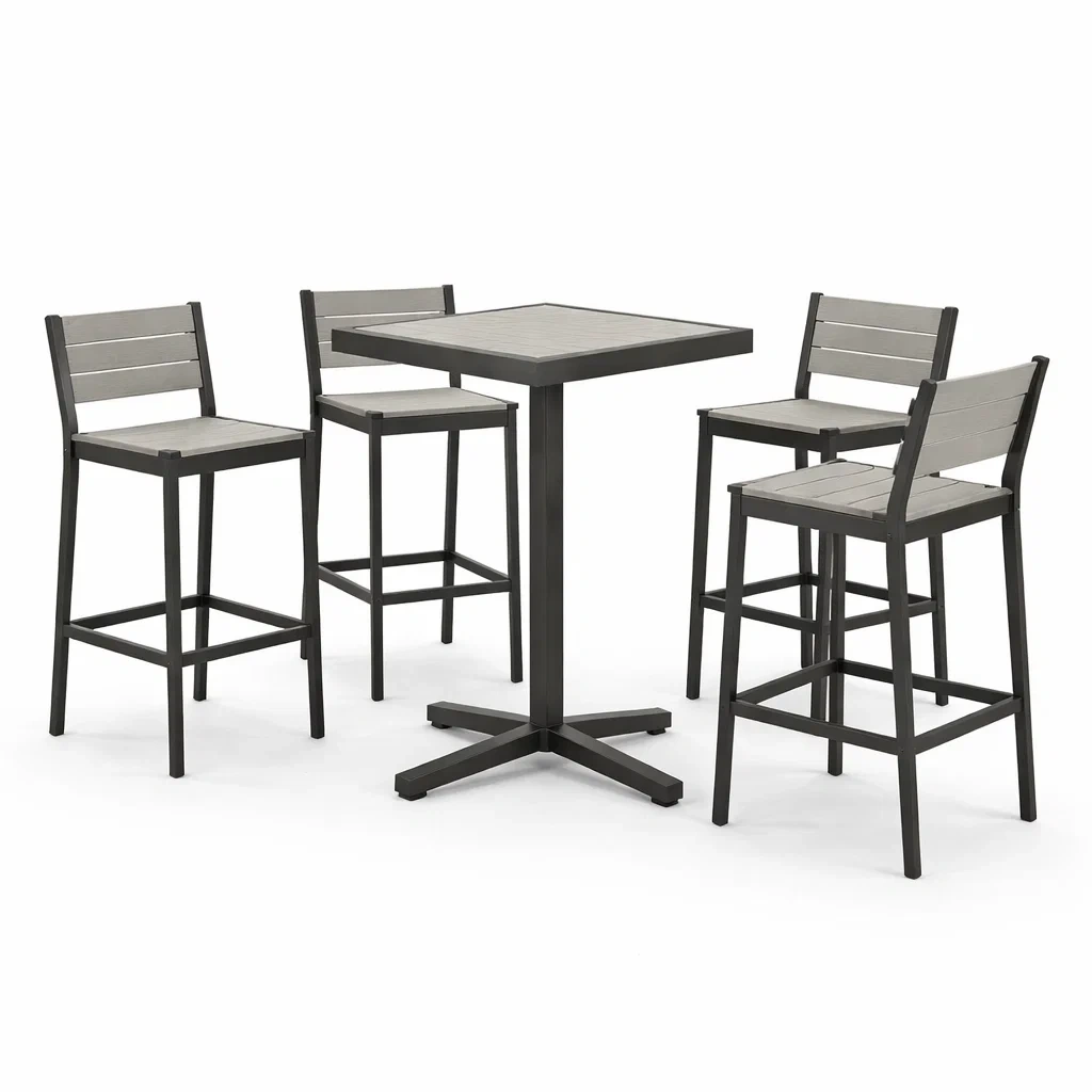 Set bar tavolo alto quadrato con sedie in metallo nero e legno composito grigio-LUXEOASISVIBES