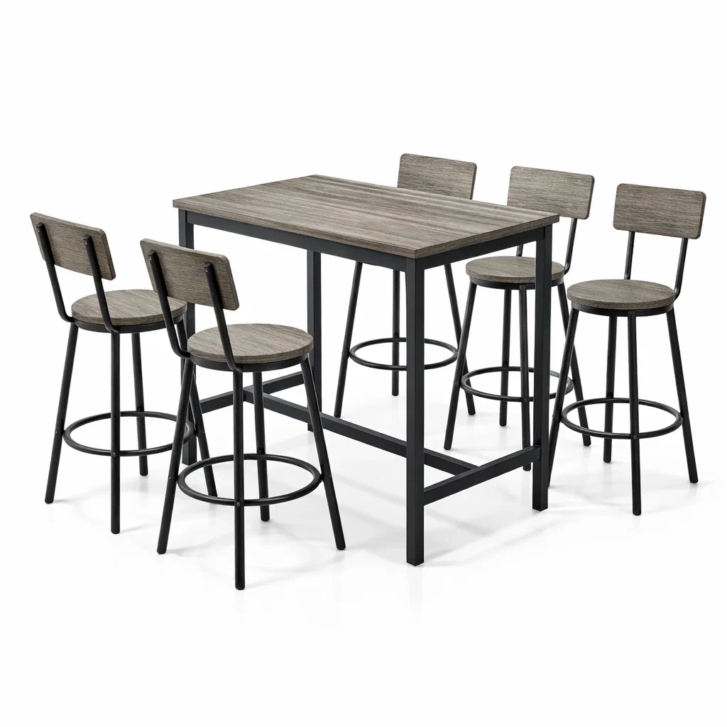 Set bar tavolo e sgabelli in legno e metallo grigio nero-LUXEOASISVIBES