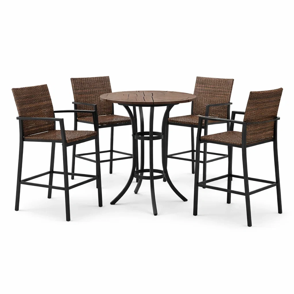 Set bar in metallo e rattan sintetico marrone per esterno-LUXEOASISVIBES