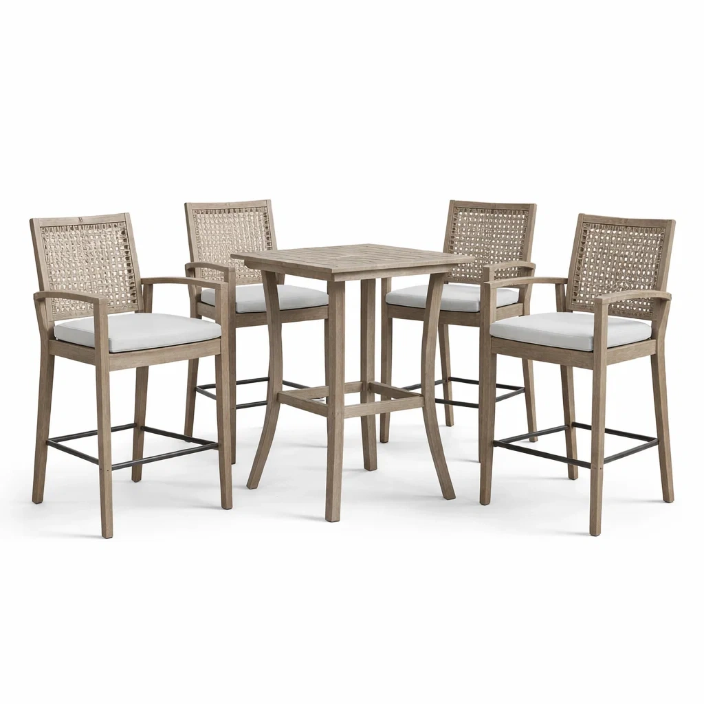 Set bar tavolo e sedie in legno e rattan sintetico con cuscini bianchi-LUXEOASISVIBES