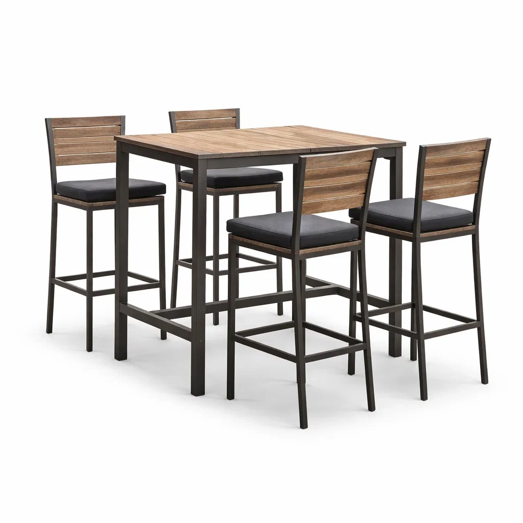Set bar tavolo e sgabelli in legno massello e metallo-LUXEOASISVIBES